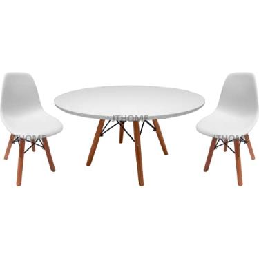 Imagem de Mesa Infantil Redonda MDF Eiffel Charles Eames + 2 Cadeira Infantil (Branco, 80cm Diâmetro)