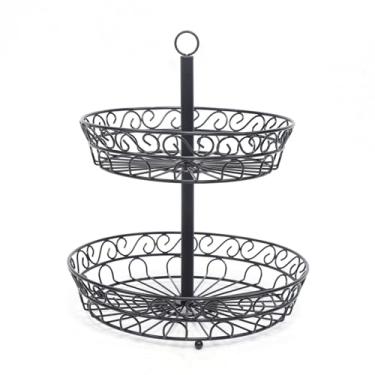 Imagem de Cesta de frutas Cesta de frutas de 2 camadas, cestas de arame francesas elegantes, suporte de cesta de arame para vegetais, pão e muito mais para bancada ou suspensão Tigela de cesta de frutas