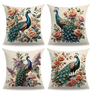 Imagem de 7COLORROOM Conjunto de 4 capas de almofada estilo vintage pavão com flores e folhas verdes capa de almofada de algodão linho decoração de casa fronhas quadradas 45,7 x 45,7 cm para sofá/quarto (rosa)