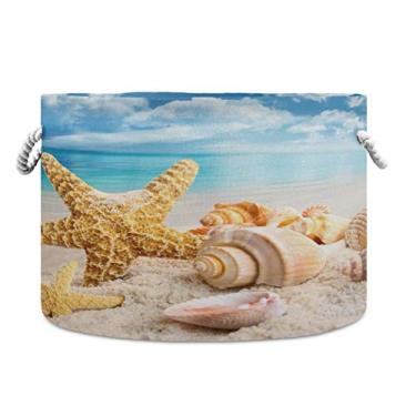 Imagem de Cesto de armazenamento grande, estrela-do-mar e conchas na praia, cesto dobrável para berçário com alça, cestas de lavanderia para bebês para cobertor, brinquedos, roupas, toalhas, 50 x 50 x 35 cm