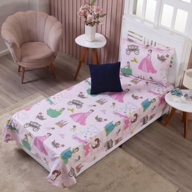 Imagem de Colcha Cobre Leito Solteiro Infantil Menina Desenho Animado Princesas + Capa de Almofada