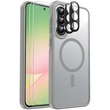 Imagem de Ezanmull Capa para celular Samsung Galaxy A56 5G magnética à prova de choque, [apto para MagSafe] [Protetor de tela de vidro + protetor de lente da câmera] Translúcido Antiimpressão digital (cinza)