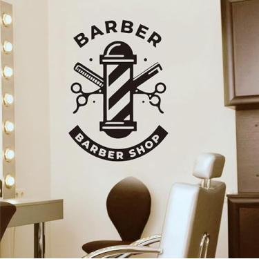 Imagem de Decalque de parede de barbearia - design clássico de poste de barbeiro e tesoura vermelho azul | Adesivo de vinil removível para salão de cabeleireiro, porta de vidro, espelho ou parede | Decoração de