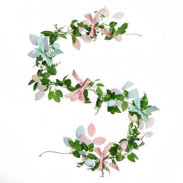 Imagem de WWT Guirlanda De Páscoa, Videira Artificial Folhas Verdes 6 Pés Com Laços Rosa E Menta, Ovos Decorativos, Decoração Primavera Para Casa