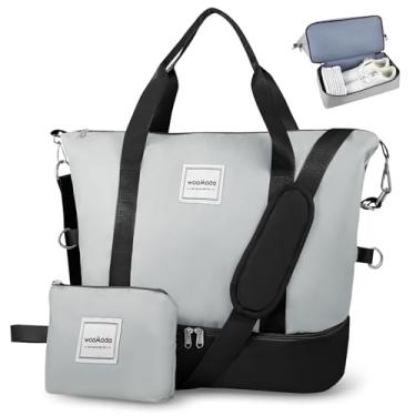 Imagem de WOOMADA Bolsa feminina de fim de semana, bolsa de viagem de ombro com compartimento para sapatos, bolsa de ginástica com bolsa de higiene pessoal, Preto e cinza