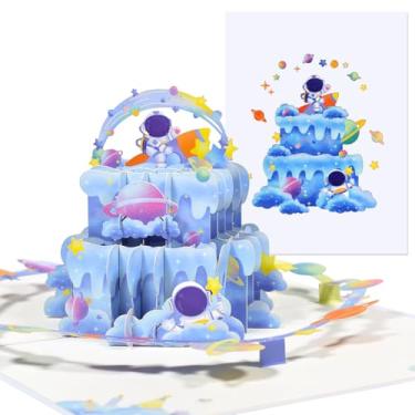Imagem de CNLITIHEKA Cartão pop-up de aniversário 3D para meninos - Bolo com tema astronauta e foguete, para chá de bebê com tema espacial, festa de aniversário, envelope incluído, todas as ocasiões.