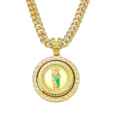 Imagem de Colar San Judas preenchido com ouro 14K para homens e mulheres - requintado zircão Jude Thaddeus arco-íris pingente de cristal oração religiosa retrô, St Jude Tadeo Medalla Cadena Oro Laminado, Large,