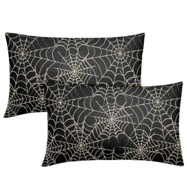 Imagem de Capas de almofada de teia de aranha de Halloween 30 x 50 conjunto de 2 almofadas decorativas de teia de aranha preta e branca para uso ao ar livre, fronhas temáticas assustadoras para casa de fazenda