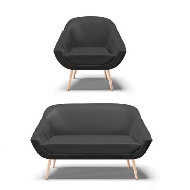 Imagem de Kit 01 Namoradeira E 01 Poltrona Corino Preto Natural