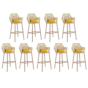 Imagem de Kit 09 Banqueta Alta Sttar Ferro Bronze Fibra Palha Almofada Sintético Amarelo