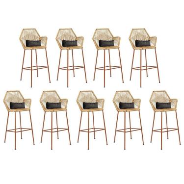 Imagem de Kit 09 Banqueta Alta Sttar Ferro Bronze Fibra Palha Almofada Sintético Cinza