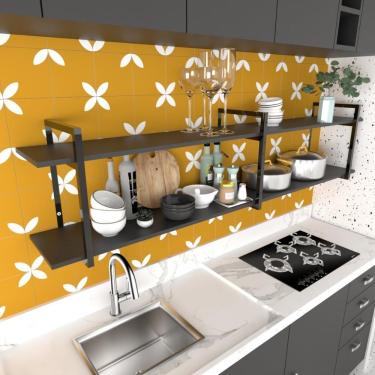 Imagem de Prateleira Industrial Nichos Cozinha Preto Suporte Industrial Carrinho Moderno Suspenso Madeira