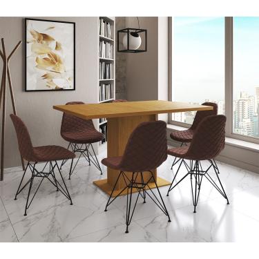 Imagem de Mesa Jantar Londres Retangular Canela 137X90Cm 6 Cadeiras Estofadas Caramelo Ferro Preto
