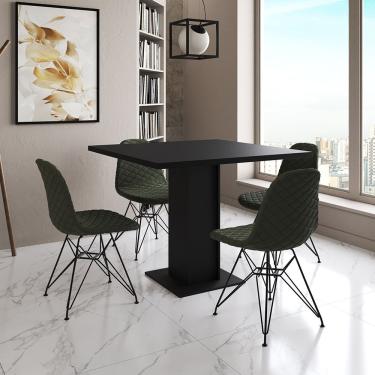 Imagem de Mesa Jantar Londres Quadrada Preta 90Cm 4 Cadeiras Estofadas Verde Eames Ferro Preto