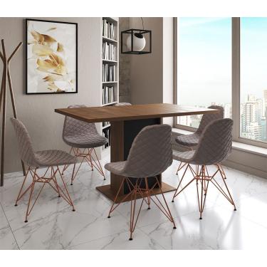 Imagem de Mesa Jantar Londres Retangular Amêndoa 137X90 Base Preta 6 Cadeiras Estofadas Nude Médio Base Cobre
