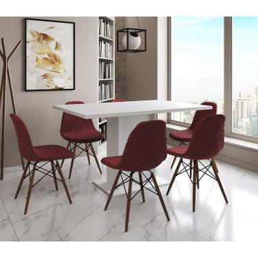 Imagem de Mesa Jantar Londres Retangular Branca 137X90 6 Cadeiras Estofadas Vermelho Madeira
