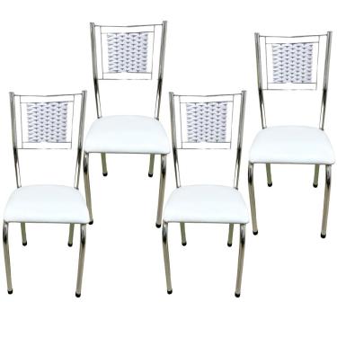 Imagem de Kit 4 Cadeiras Jantar Belize Moderna Cromada Aço Junco Cozinha Sala Assento branco cromada desenho Do Tecido liso