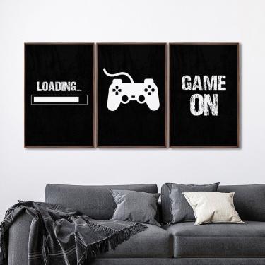 Imagem de Quadro Decorativo Game On Com 3 Telas De Parede Para Sala Quarto Escritório 60cm X 90cm Tabaco