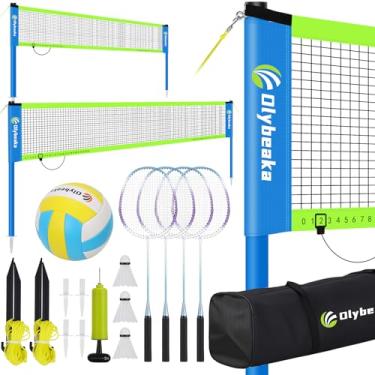 Imagem de Olybeaka Conjunto De Rede Portátil Para Vôlei E Badminton Praia No Quintal Com 2 Redes (6 9,7 M), Postes Ajustáveis, Poliuretano, Bolsa Transporte Raquetes Alumínio, Montagem Rápida Durável