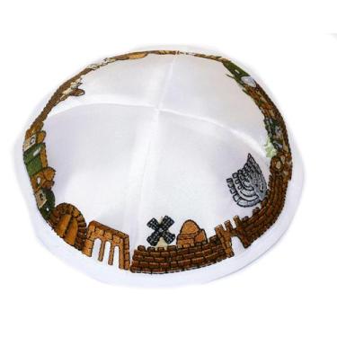 Imagem de Kipa Judaico De Cetim Branco Jerusalém Importado De Israel - Art Judai