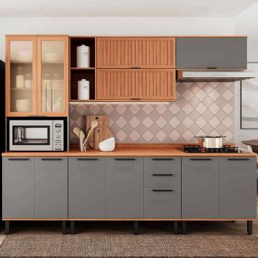 Imagem de Cozinha Completa Castanha 12 Portas 2 Gavetas Ripado com Vidro 915457 Cinza/Freijó - Telasul