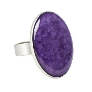 Imagem de Anel Oval com Pedra Ametista e Resina, Ajustável, Banho de Prata, Design Minimalista