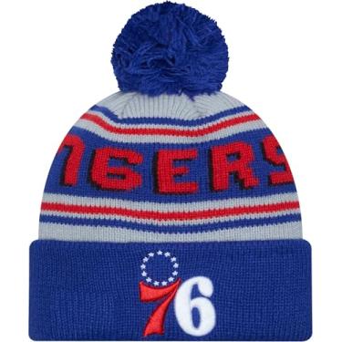 Imagem de New Era Gorro Philadelphia 76ers Azul Royal Cuff Cheer Cheer com pompom - Boné de malha com punho NBA
