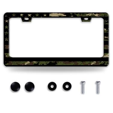 Imagem de Moldura de placa de licença da bandeira americana molduras de placa de licença camufladas engraçadas acessórios automotivos suporte placa de licença de aço inoxidável com parafusos 16,3 x 12,3