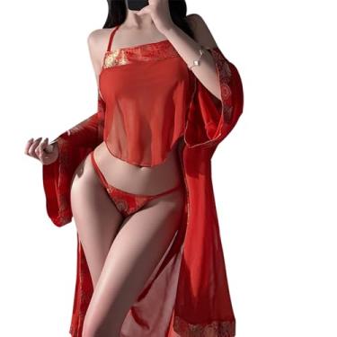 Imagem de SENJIY sexy robe for women long dress kimono lingerie open front costume cosplay Perspective Cute Floral Pattern Deep V-Neck japanese Yukata Anime suit Sleepwear Pajamas Side Slit outfit set red