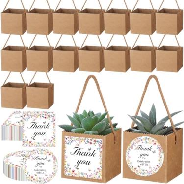 Imagem de Faccito Conjunto de 60 sacos de embrulho para suculentas com adesivos, papel kraft, caixa de presente com alças, serve para vasos de 6 cm, chá de bebê, casamento, plantas, lembrancinhas de festa para