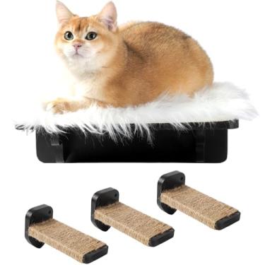 Imagem de COOLEX Prateleiras de parede para gatos, prateleiras de parede para gatos, móveis de parede para gatos, prateleira para gatos com poste arranhador de 3 passos, rede de árvore de gato com suporte de