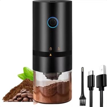 Imagem de Moedor de café elétrico portátil, 4 xícaras, moedor cônico automático de grãos de café com configuração multi moagem para espresso gotejamento despeje sobre prensa francesa, USB recarregável, Preto.