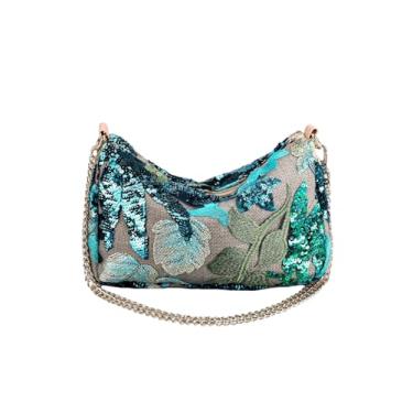 Imagem de QWINEE Bolsa feminina de lantejoulas com bordado floral para noite elegante mini bolsa transversal bolsa de festa de casamento, Azul e verde, One Size