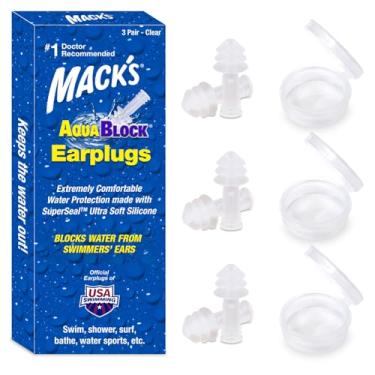 Imagem de Plugues de natação AquaBlock da Mack, 3 pares – Confortáveis, à prova d'água, protetores de ouvido de silicone reutilizáveis para natação, snorkeling, banho, surfe e banho, Clear