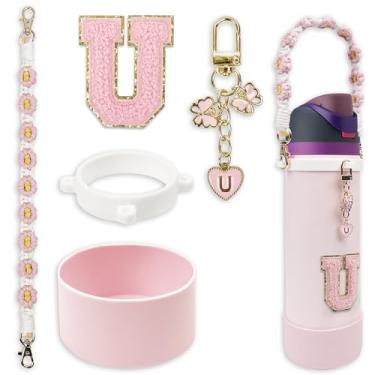 Imagem de Conjunto de monograma fofo de bota de silicone compatível com garrafa de água Owala 947 ml - Acessórios perfeitos para Owala Tumbler, Owala Free Sip, Pink Owala, Black Owala, copo de café owala (rosa
