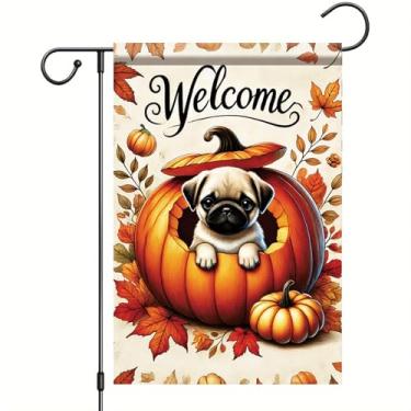 Imagem de Starlit Patio Bandeira de jardim de outono Pug Dog in Pumpkin Yard Banner 30,5 x 45,7 cm dupla face filhote de cachorro fofo folha de outono decoração ao ar livre sinal de boas-vindas para varanda