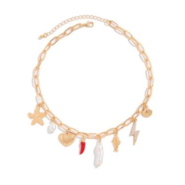 Imagem de PINK TOWN Colar de ouro Vintgae para mulheres, boho Havaí cerejeira/sol/limão/pimenta/morango, gargantilha fofa de verão para praia, joia Y2K, Large, Liga de aço, Sem Pedra Preciosa