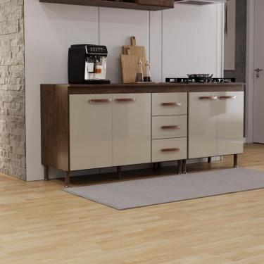 Imagem de Kit 2 Balcões Modulados Gabinete Pia 120cm e Cooktop 70cm Com Tampo Lisboa Fidelitá Noce/Off-White