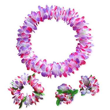 Imagem de LAYSERI Guirlandas de flores havaianas Leis jumbo colar pulseiras conjunto de faixa de cabeça, rosa + roxo