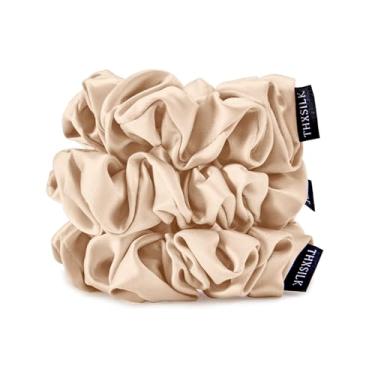 Imagem de THXSILK 100% 25 Momme Pure Mulberry Silk Hair Scrunchies 3 peças de laços de anel fofos elásticos médios refrescantes modernos para beleza meninas mulheres cabelo grosso, champanhe