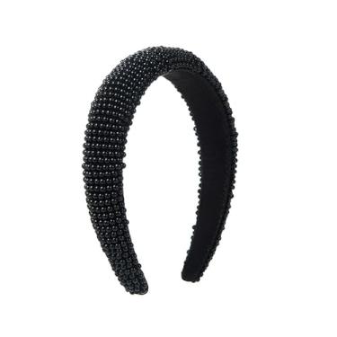 Imagem de SLTXLNXH Faixa de cabeça leve e luxuosa com strass, pérola, esponja, diamante, aba larga, lavar o rosto e pressionar o cabelo, acessórios para meninas (pérolas pretas completas)