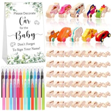 Imagem de Hiboom Conjunto de 75 peças de brinquedos de madeira DIY carros de madeira inacabados para pintar com 24 lápis de aquarela e 1 placa para atividades domésticas, projetos de artesanato em tempo