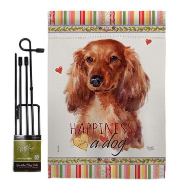 Imagem de Breeze Decor Conjunto de bandeira de jardim felicidade de cabelo longo com suporte para cachorro filhote de cachorro pata mimada pele canina animal de estimação natureza fazenda animal criatura casa banner pequeno presente de dois lados, feito nos EUA