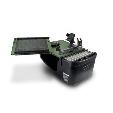 Imagem de AutoExec AE-RDFS-PM-PS-AG Reach Car Desk para sua estação de trabalho de veículos e escritório móvel, banco dianteiro verde militar com suporte para telefone e suporte de impressora