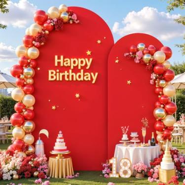 Imagem de Conjunto de 2 capas de arco vermelho - 2 capas de fundo de arco vermelho de elastano com elástico para festa de aniversário, chá de bebê, chá de bebê, chá de panela, banquete, fundo fotográfico