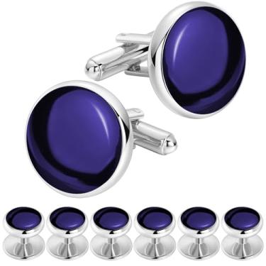 Imagem de Abotoaduras redondas e conjunto de 4 pinos para homens com camisa de smoking e acessórios de casamento para negócios da HAWSON, Blue/Silver, Small