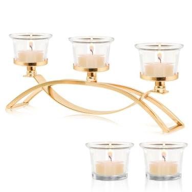 Imagem de Conjunto de castiçais de metal de 3 braços com 5 copos de vidro, castiçais votivos de centro de mesa para decoração de mesa de casamento, reuniões de casa e feriados (ouro, 5 xícaras)