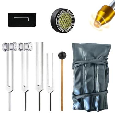 Imagem de MIMIRACLE Conjunto de diapasões para cura - 128Hz 136,1Hz 256Hz 384Hz garfos ponderados e não ponderados com ativador, pés de pedra de ametista, martelo reflexo e bolsa de couro vegano para terapia de