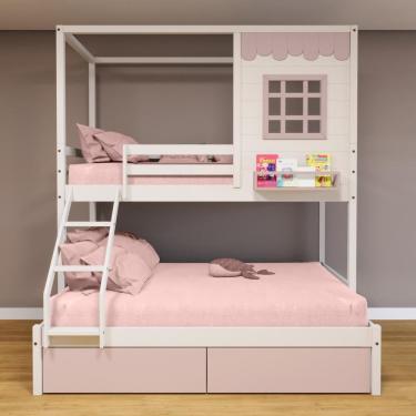 Imagem de Beliche Casinha Reta Casal/ Solteiro 02 Gavetas Rosa Madeira Maciça Branco/ Rosa Housin
