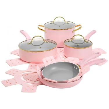 Imagem de Jogo de Panelas e Frigideiras com Revestimento Antiaderente e Tampas de Vidro Temperado, 12 Peças, Paris Hilton, Rosa
